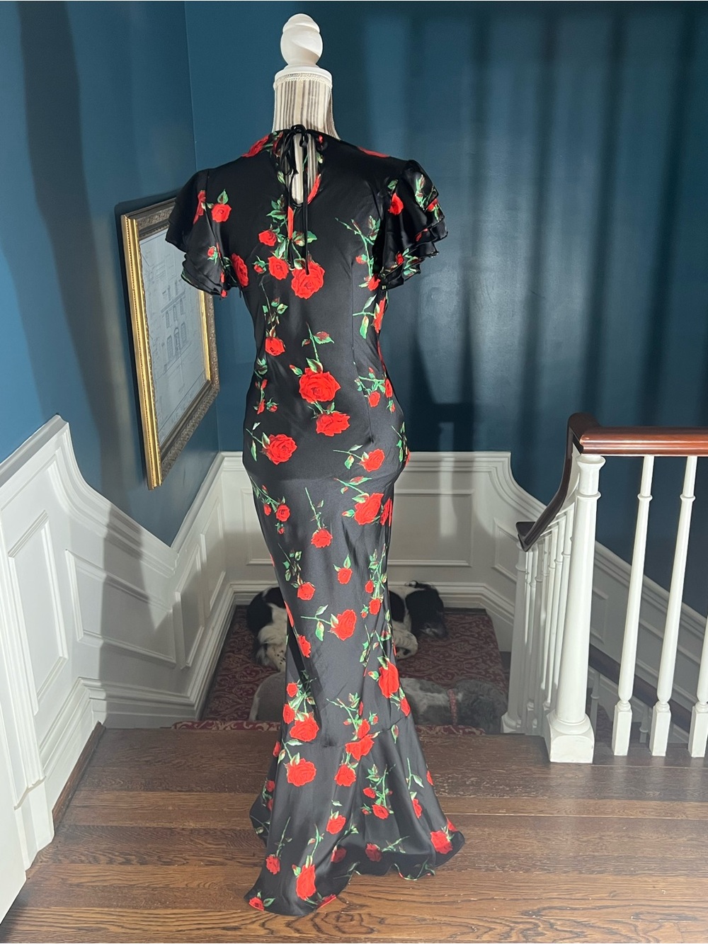 Black Floral V-Neck Mermaid Dress with Red Rose Print mermaid size 6 long D438 - Picture 3 of 14